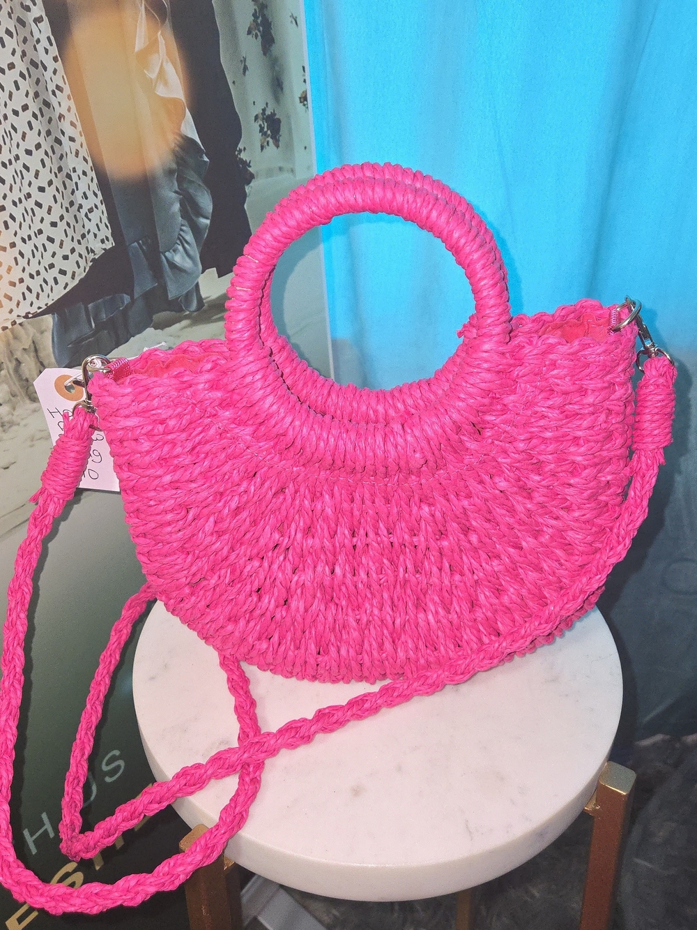 Hot Pink Woven Circle-Handle Crossbody Bag